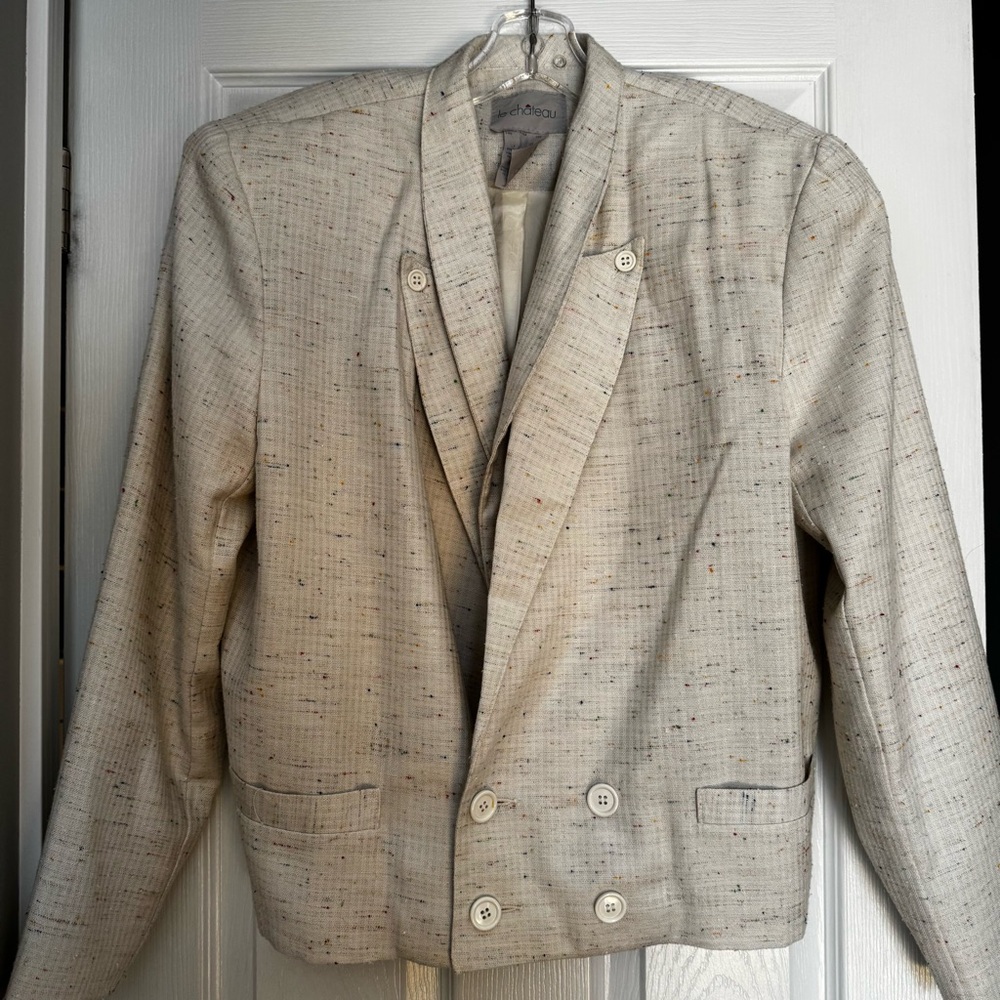 80s Le Château Linen Blend Cream Speckled Double-Breasted Power Blazer S/M